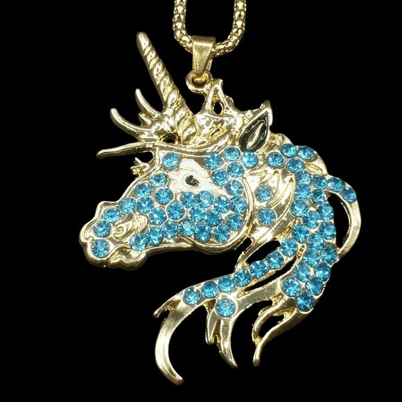 Gold Blue Rhinestone Unicorn Pendant Necklace w/ Gift Box – Fantasy Jewelry - Picture 3 of 5
